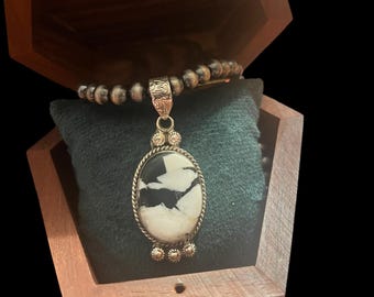 White Buffalo Turquoise Pendant: Sterling Pearl Necklace (6mm)