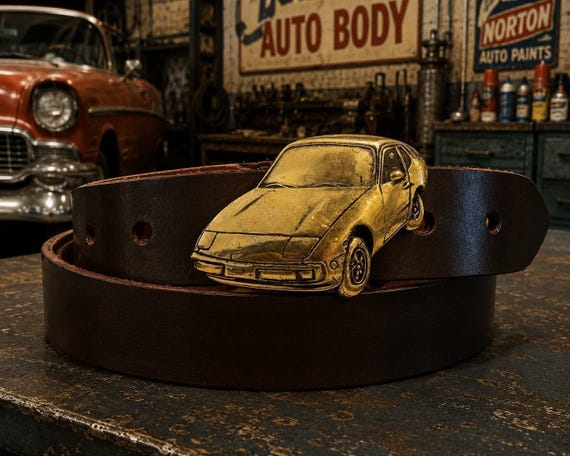Vintage Porsche 944 Brass Belt Buckle with Custom Genuine Leather Belt | Classic Sports Car Gift | Vintage Porsche Collector Buckle