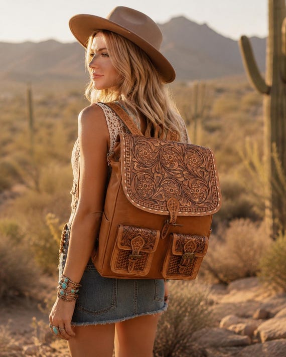 Boho Southwestern Hand Carved Leather Backpack, Western Floral Backpack, Genuine Leather, Large Women’s Travel Backpack Laptop Slip, Gift