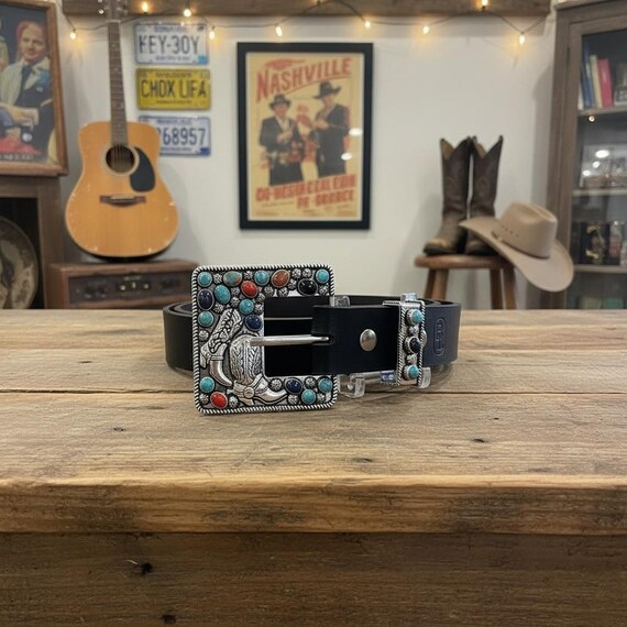 Southwestern Turquoise Belt Buckle with Custom Leather Belt – Sterling Silver Turquoise Buckle – Western Women’s Belt – Cowgirl Belt