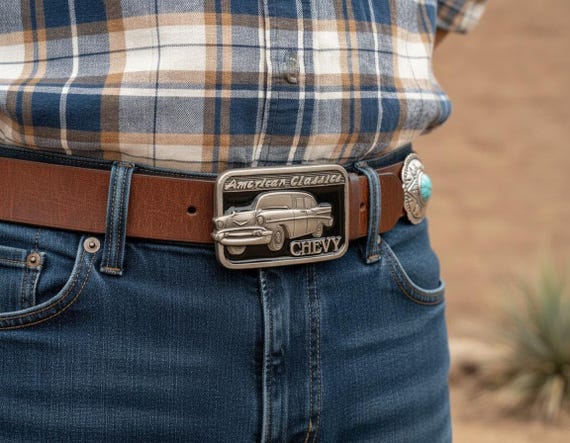 Vintage Belt Buckle Chevy Bel Air, Pewter, Optional Belt