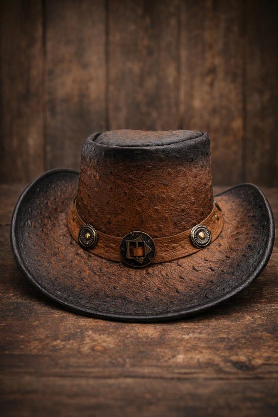 Ostrich Leather Cowboy Hat – Distressed Brown Rodeo Hat with Conchos