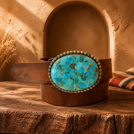 Turquoise Brass Belt Buckle, Southwestern Boho Western Accessory, Genuine Leather Belt, 86 g