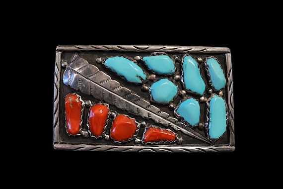 Vintage Southwestern Sterling Silver Turquoise Coral Feather Belt Buckle with Custom Leather Belt – Signed “Wayne C” Genuine