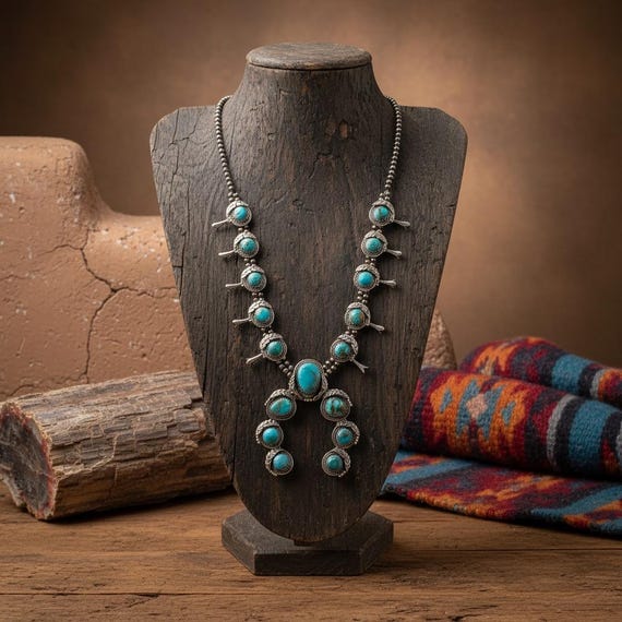 Sterling Silver Kingman Turquoise Premium Squash Blossom Necklace | Southwestern Statement Pendant