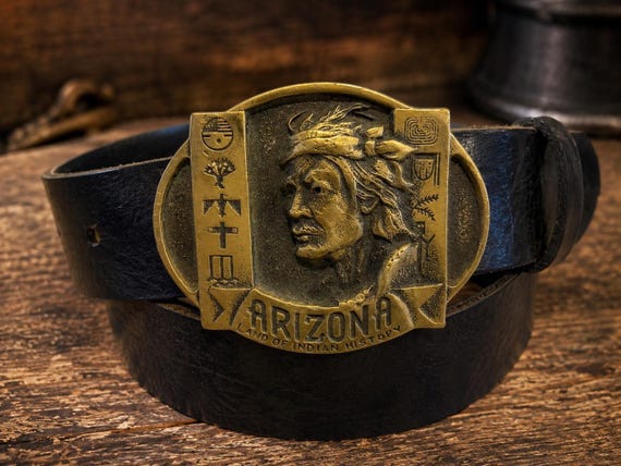Vintage Arizona Land of Indian History Belt Buckle with Genuine Leather Belt | Solid Brass Western Belt Buckle | Southwestern Style Vintage