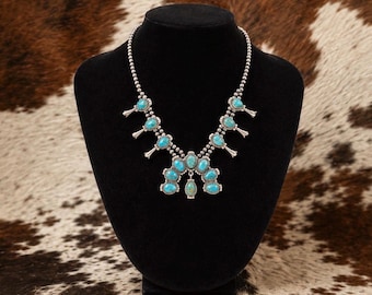 Southwestern Turquoise Squash Blossom Necklace | Sterling Silver Beaded Necklace | Statement Turquoise Pendant | Western Jewelry Gift