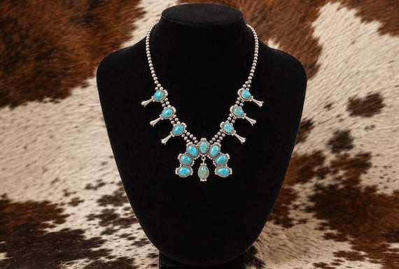 Southwestern Turquoise Squash Blossom Necklace | Sterling Silver Beaded Necklace | Statement Turquoise Pendant | Western Jewelry Gift