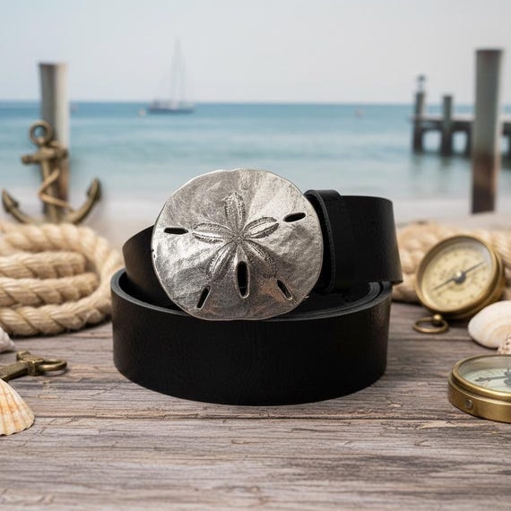 Sand Dollar Belt Buckle – White Yellow Brass, Genuine Leather Nautical Belt Custom Genuine Leather Belt | Nautical Gift Coastal Ocean Lover