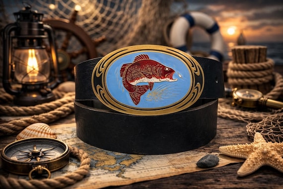 Solid Brass Fish Belt Buckle with Custom Leather – Nautical Bass Trophy Buckle