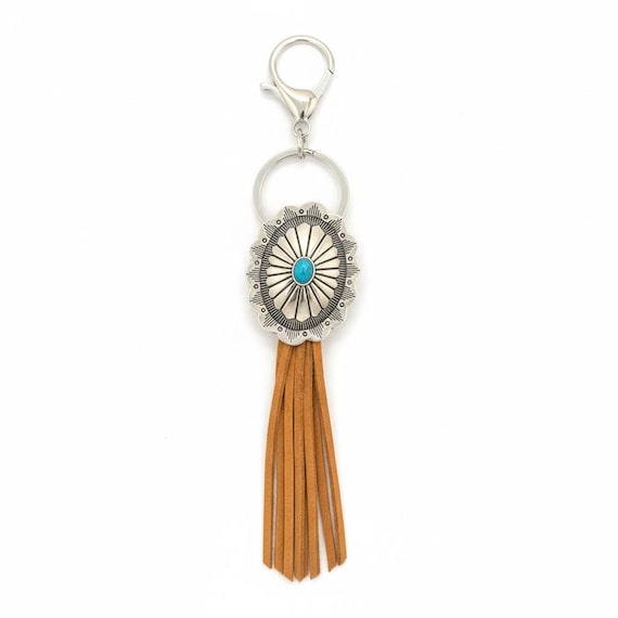Turquoise Concho Leather Tassel Keychain – Southwestern Bag Charm
