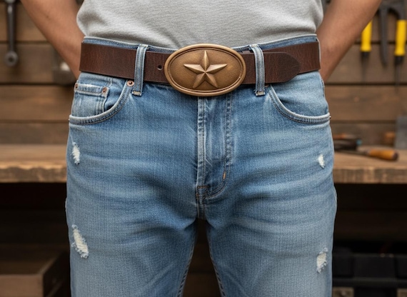 Vintage Belt Buckle USA Star 1970, with Custom Genuine Leather Belt