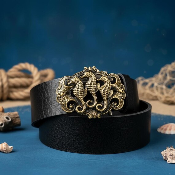 Nautical Seahorse Belt Buckle with Custom Leather Belt – Coastal Statement Accessory