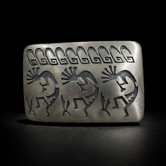 Vintage Hopi Belt Buckle, Kokopelli Dancers Sterling Silver, w/ Premium Leather Belt