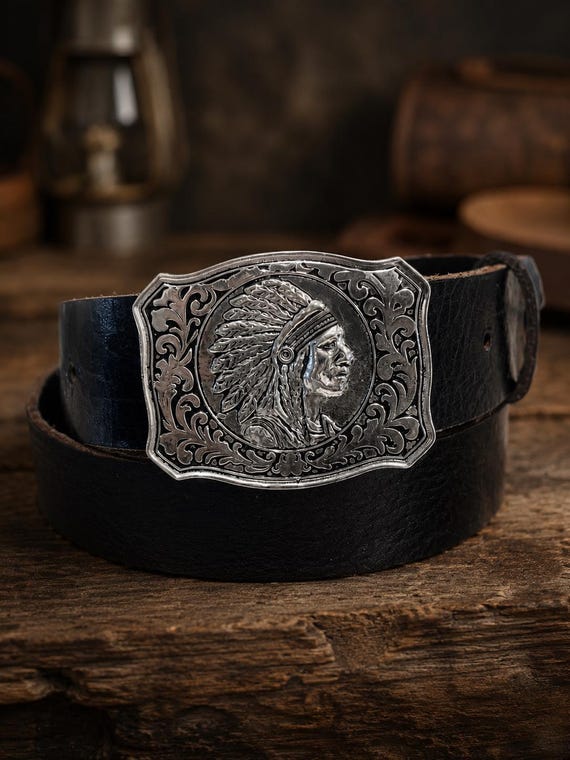 Indian Head Belt Buckle Custom Leather Belt | Solid White Brass Western Buckle | Native American Profile | Western Style Belt Gift