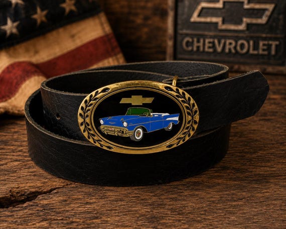 Vintage 1957 Chevy Bel Air Belt Buckle with Genuine Leather Belt | Solid Brass Heritage Buckles | Classic Car Americana Gift