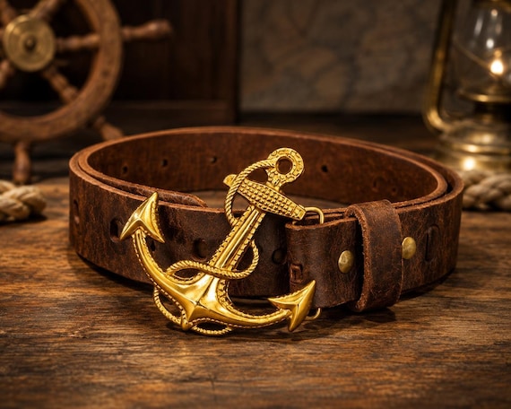 Anchor Belt Buckle with Custom Genuine Leather Belt | Nautical Coastal Accessory for Beach Lover | Gift for Him or Her
