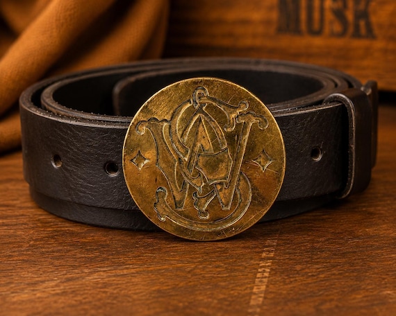 Vintage 1979 Smith & Wesson Logo Belt Buckle with Genuine Leather Custom Belt | Brass SW Collector Cowboy Belt | Western Americana Style