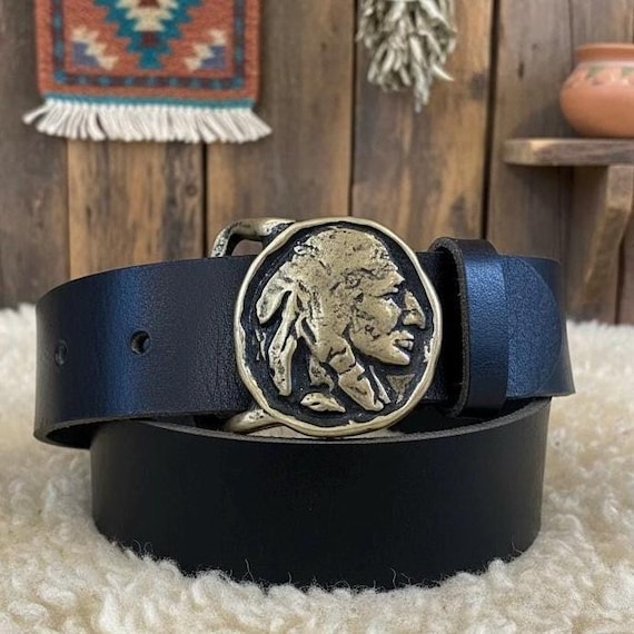 Vintage Indian Head Belt Buckle with Custom Genuine Leather Belt | Solid Brass Western| Native American Profile | Western Style Belt