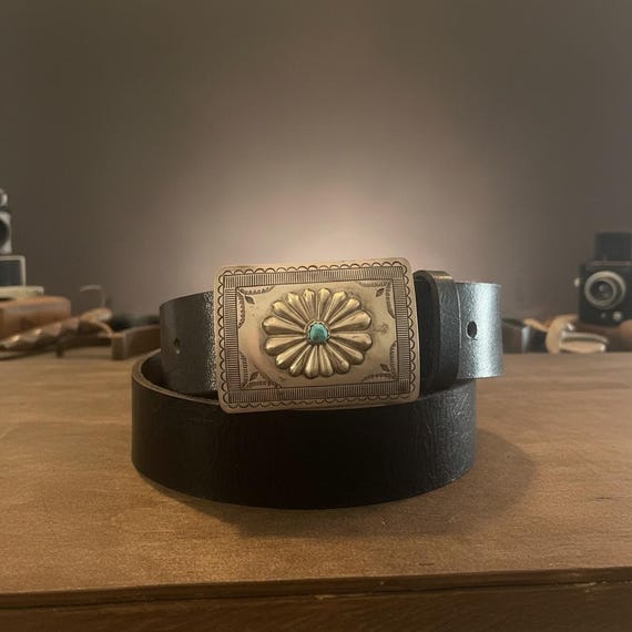 Vintage Southwestern Sterling Silver Turquoise Belt Buckle – Signed  – with Custom Genuine Leather Belt Handmade Leather Belt