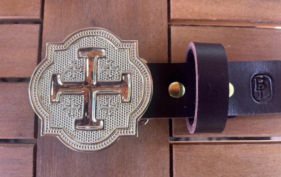 Leather Belt with Jerusalem Cross Buckle: Cowhide, Multiple Colors - Handmade