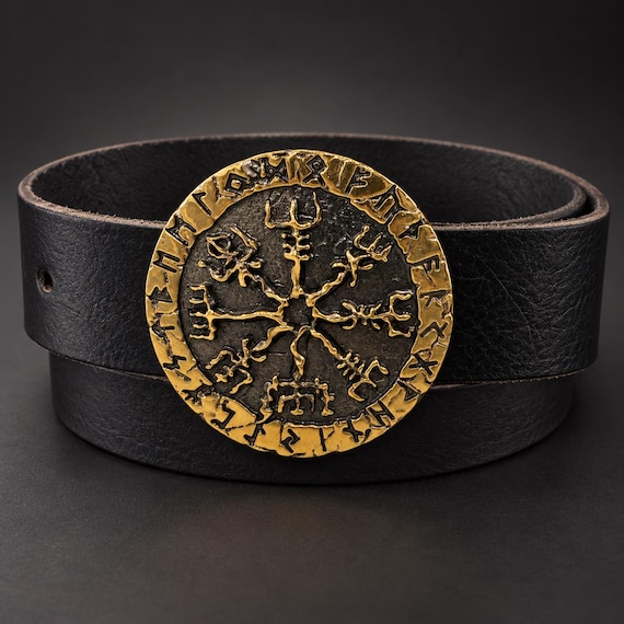 Viking Norse Runic Calendar Handmade brass buckle, with English Bridle Belt, Helm of Awe Buckle,  Aegishjalmur Gift