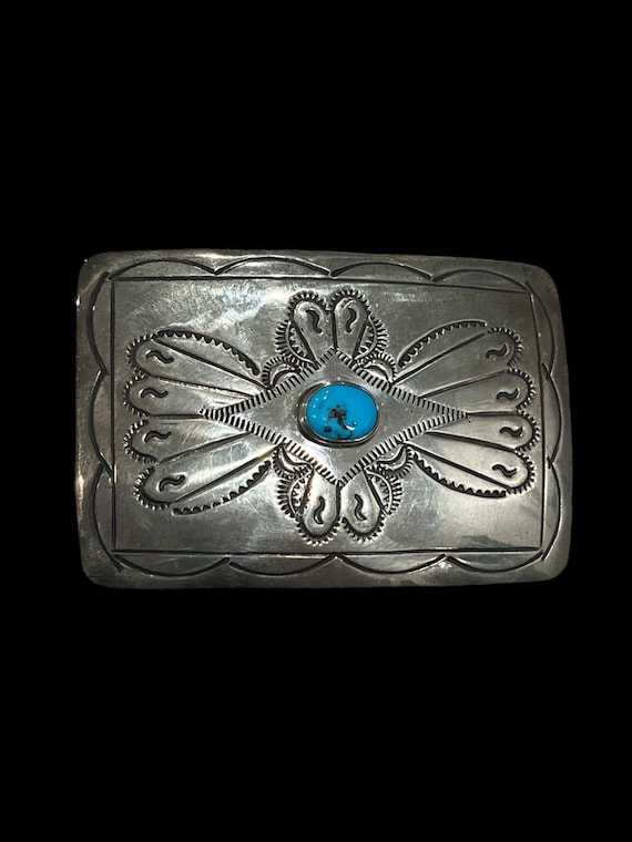 Vintage Sterling Silver Turquoise Belt Buckle | Southwestern Hand Stamped Western Buckle with Custom Genuine Leather Belt