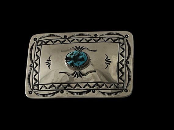 Vintage Navajo Belt Buckle “Little CR” Signed Nickel Silver Turquoise Buckle – w/ Premium Leather Belt
