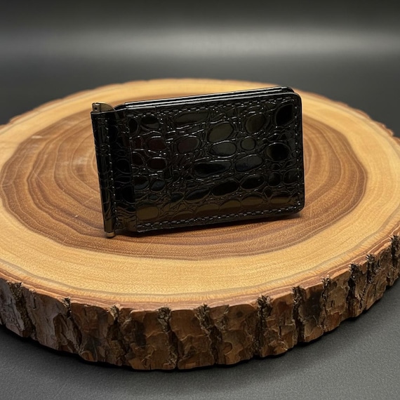 Men's Black Glazed Alligator Money Clip Wallet – Slim Exotic Leather Front Pocket