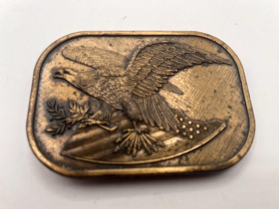 Vintage Belt Buckle American Eagle with Flag, Solid Brass, Optional Belt