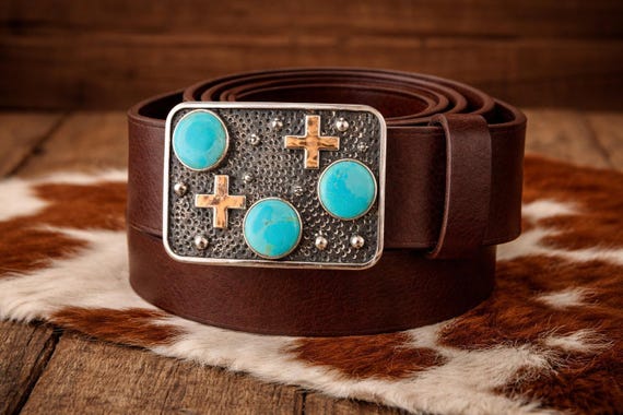 Southwestern Turquoise Belt Buckle with Crosses | Western Style Turquoise Buckle | Optional Handmade Leather Belt | Cowboy Western Belt