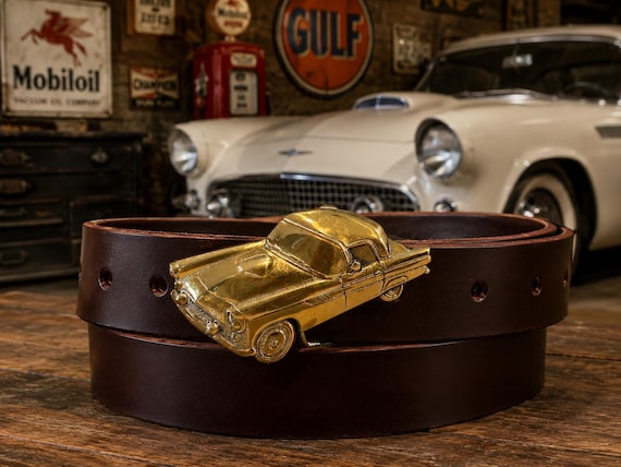Ford Thunderbird V8 Belt Buckle with Handmade Genuine Leather Belt | Solid Brass Classic Car Buckle | Custom Leather Belt | Vintage Car Gift