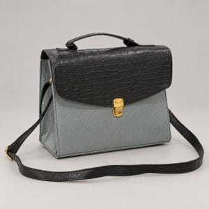 Black and Gray Alligator & Ostrich Leather Handbag, Structured Top Handle Satchel with Adjustable Shoulder Strap