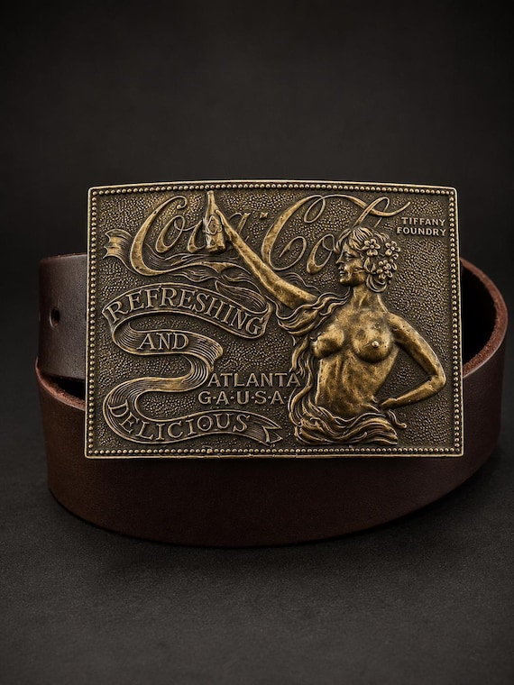 Vintage Coca-Cola Tiffany Foundry Belt Buckle with Handmade Genuine Leather Belt | Collectible Brass Coca Cola Buckle | Artisan Belt Gift