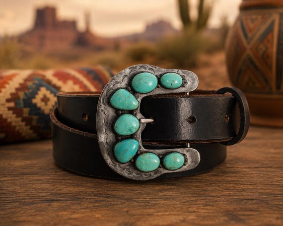 Turquoise Western Belt Buckle & Handmade Leather Belt | Sterling Silver Style Buckle | Custom Leather Belt | Boho Southwestern Gift Ranger B