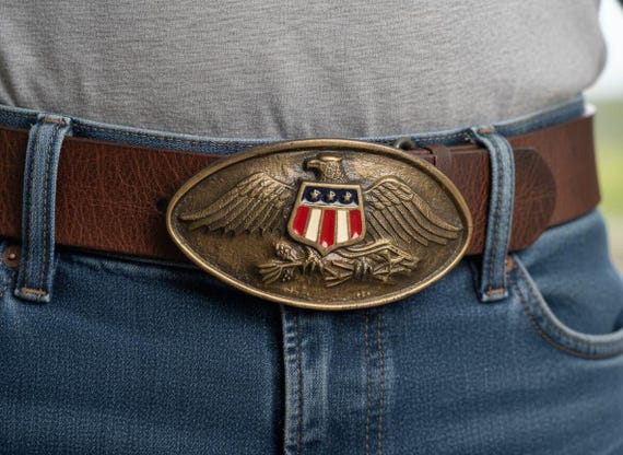 Vintage Belt Buckle American Eagle with Wings Spread, Solid Brass, Optional Belt