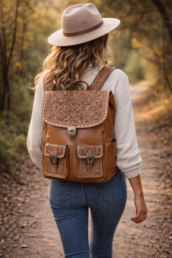 Hand-Carved Leather Backpack - Western Boho Chic