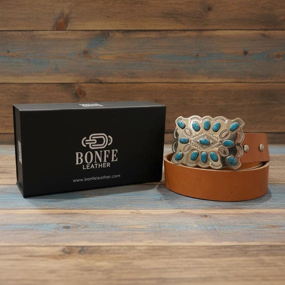 Southwestern Turquoise Belt Buckle with Genuine Leather Belt
