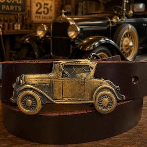 Classic 1930s Ford Roadster Style Coupe Solid Brass Belt Buckle with Handmade Genuine Leather Belt | Classic Hot Rod | Vintage Car Gift