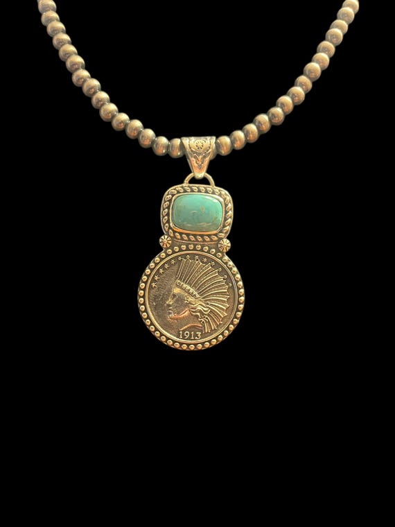 Turquoise Coin Pendant: Sterling Silver Indian Head (Kingman Mine Stone)