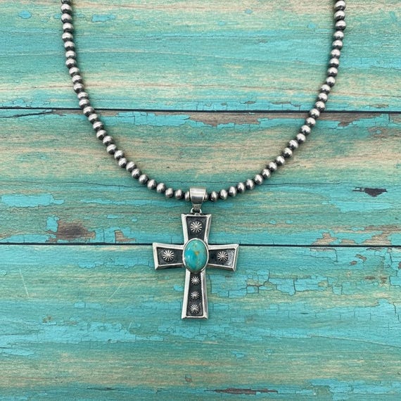 Sterling Silver Cross and Turquoise Pendant with Pearl Necklace (20 Inches)