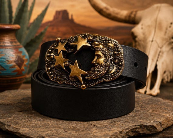 Moon and Stars Brass Belt Buckle, Custom Size, Leather options, Handmade buckle and belt