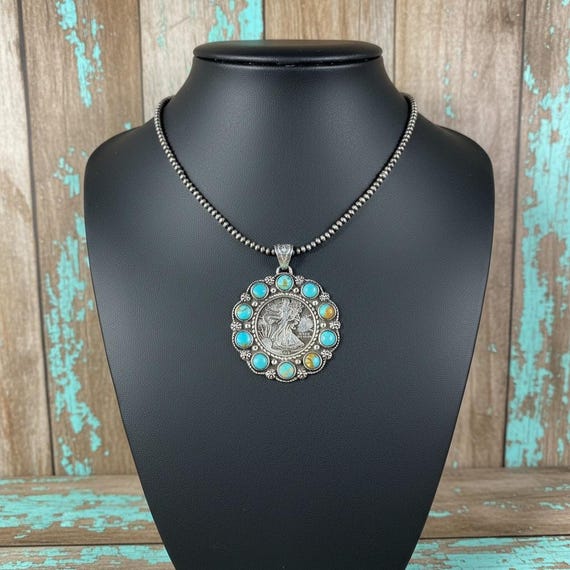 Southwest Sterling Silver Turquoise Pendant Walking Liberty Coin Necklace