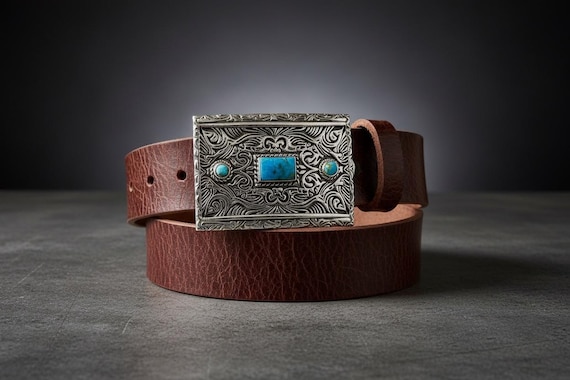 Southwestern " Alamo "Turquoise Belt Buckle with Genuine Leather Belt