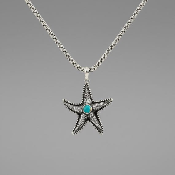 Handcrafted White Brass Starfish Necklace with Turquoise