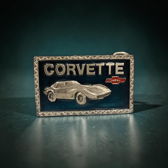 Vintage Corvette Belt Buckle with Custom Genuine Leather Belt – Classic Chevy Corvette Car Buckle – Retro Automotive Gift for Men – 3 colors