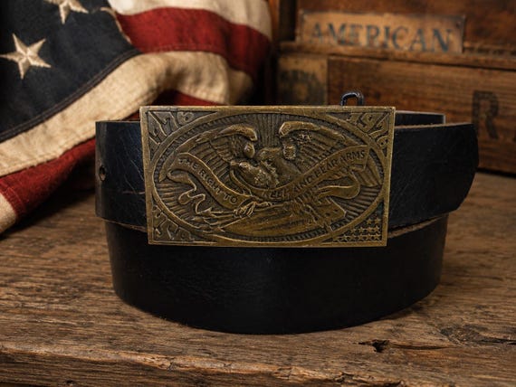 Vintage Second Amendment Eagle Belt Buckle with Custom Genuine Leather Belt – Brass Tone Buckle – 3.5” x 2” – Patriotic Americana Gift