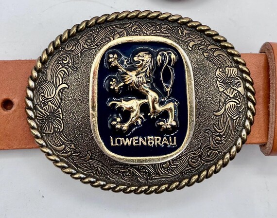 Lowenbrau Leather Belt Buckle, Gold Lion (Black, Brown, Tan)