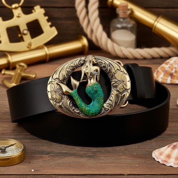 Mermaid Belt Buckle with Custom Genuine Leather Belt | Nautical Coastal Accessory for Beach Lover | Gift for Him or Her
