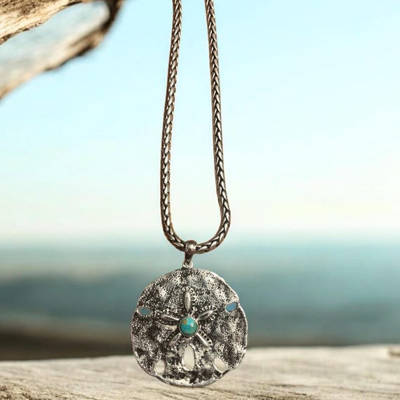 Sand Dollar Pendant with Turquoise Necklace | Handcrafted White Brass| Nautical Coastal Accessory for Beach Lover | Gift for Her